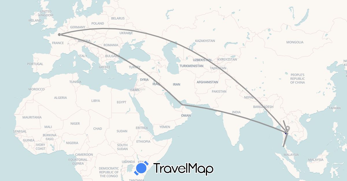 TravelMap itinerary: driving, bus, plane, hiking in United Arab Emirates, France, Thailand (Asia, Europe)